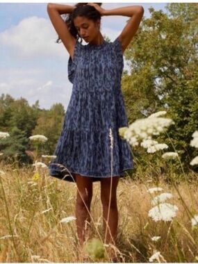 Anthropologie Jenee Tiered Tunic Dress Blue Animal Print Denim Size XS